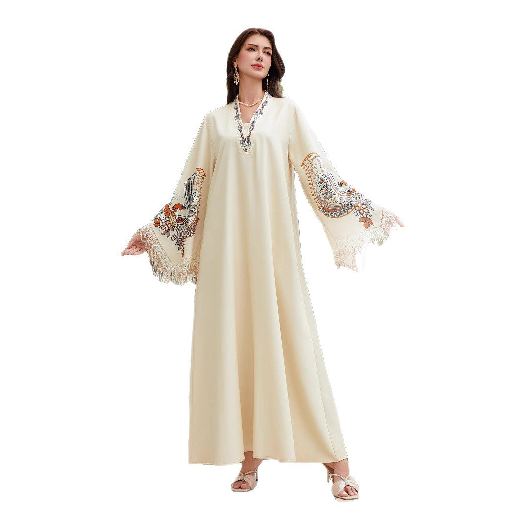 NC44 Middle East Cross-border Muslim Women's Robe V-Neck Print Tassel Temperament Arabic Dress Abaya