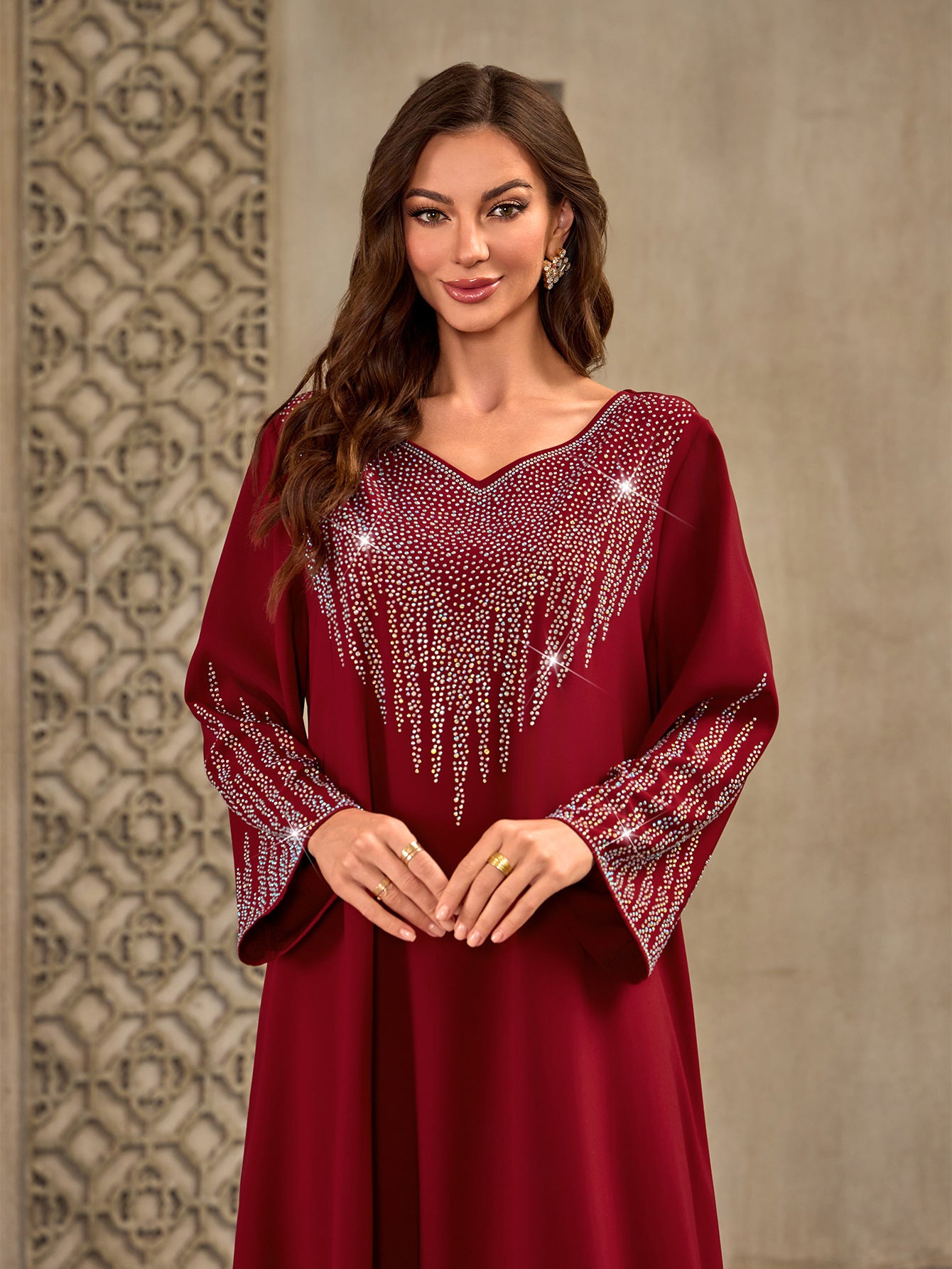 XQY500405 Cross-border Middle Eastern Women's Fashion Hot Diamond V-Neck Casual Loose Dubai New Dress
