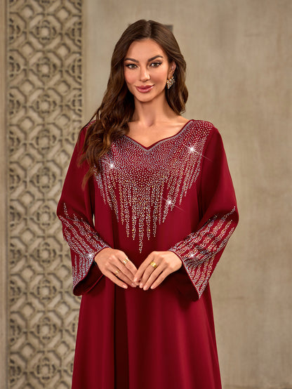 XQY500405 Cross-border Middle Eastern Women's Fashion Hot Diamond V-Neck Casual Loose Dubai New Dress