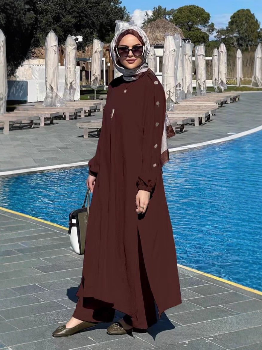 En stock, nouvelle tenue décontractée décontractée de couleur unie pour femmes musulmanes : boucle ronce dorée, poche ballonneuse, longue série