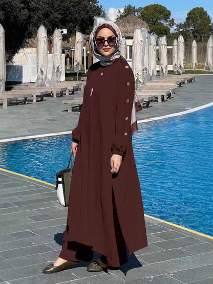 En stock, nouvelle tenue décontractée décontractée de couleur unie pour femmes musulmanes : boucle ronce dorée, poche ballonneuse, longue série