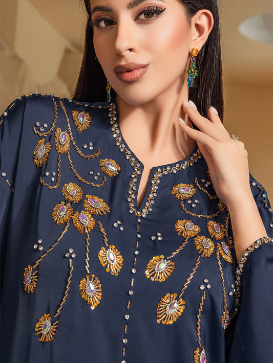 Caftan Abaya bleu marine , brodée à la main avec perle strass,