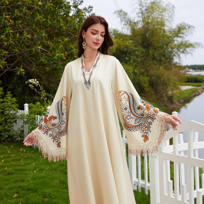 NC44 Middle East Cross-border Muslim Women's Robe V-Neck Print Tassel Temperament Arabic Dress Abaya