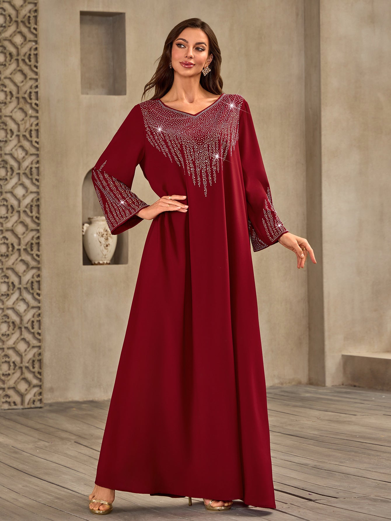 XQY500405 Cross-border Middle Eastern Women's Fashion Hot Diamond V-Neck Casual Loose Dubai New Dress