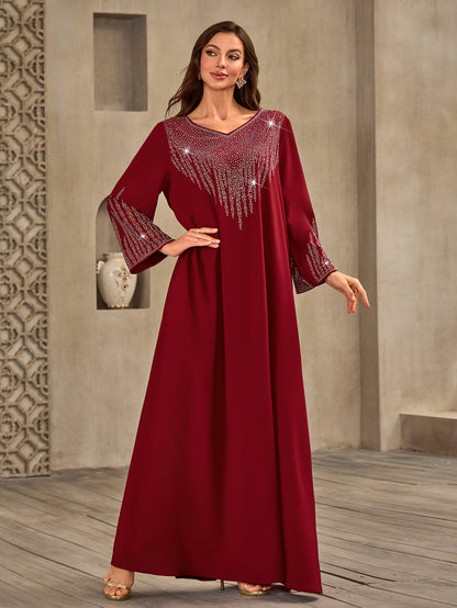 XQY500405 Cross-border Middle Eastern Women's Fashion Hot Diamond V-Neck Casual Loose Dubai New Dress