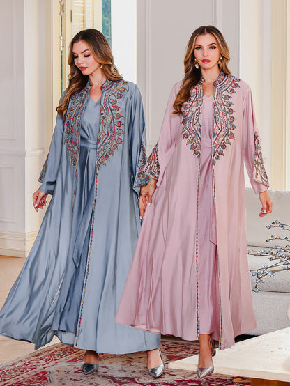 Nouvelle robe musulmane brodée en stock – Abaya maxi deux pièces style Moyen-Orient, robe arabe Dubai