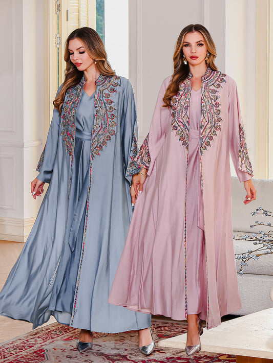 Nouvelle robe musulmane brodée en stock – Abaya maxi deux pièces style Moyen-Orient, robe arabe Dubai