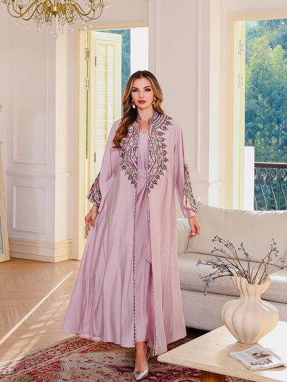 Nouvelle robe musulmane brodée en stock – Abaya maxi deux pièces style Moyen-Orient, robe arabe Dubai
