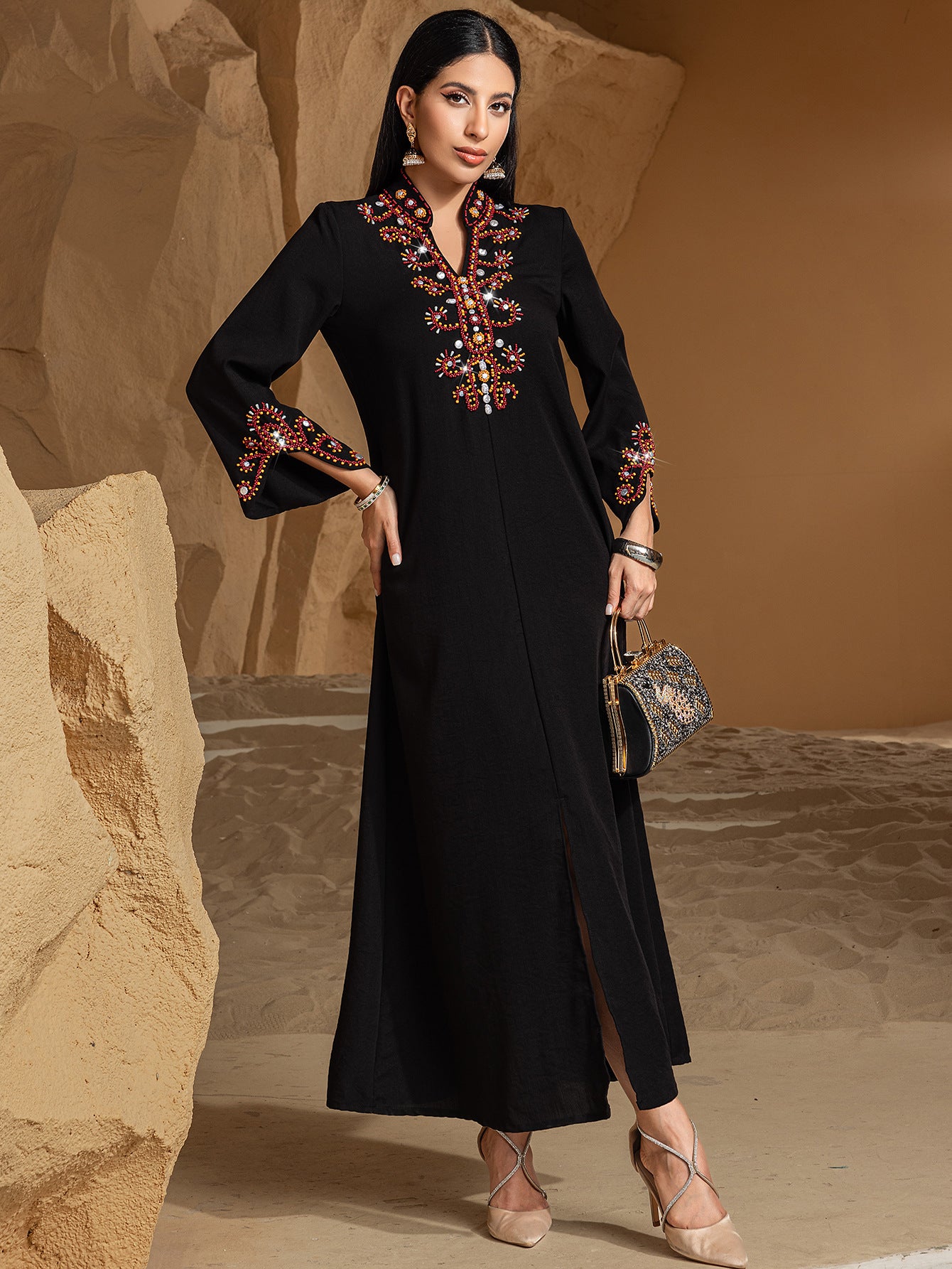 Nouvelle robe Abaya haut de gamme, brodée de perles de riz