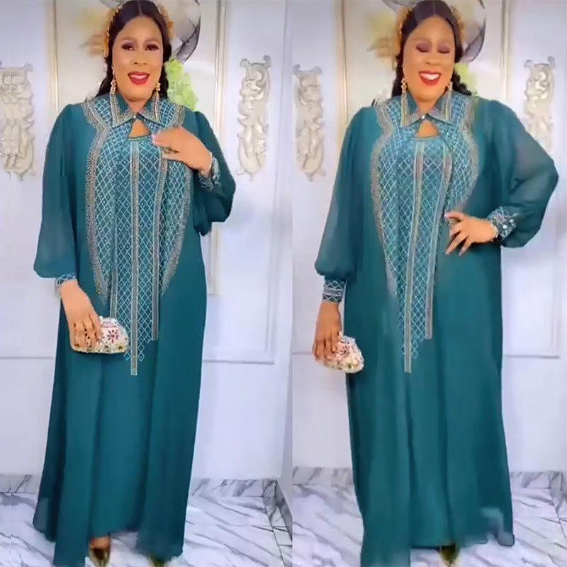 Ensemble deux pièces pour femmes – Robe plus size en chiffon à strass, style Moyen-Orient et Afrique, tendance mondiale
