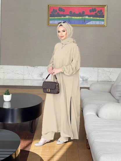 En stock, nouvelle tenue décontractée décontractée de couleur unie pour femmes musulmanes : boucle ronce dorée, poche ballonneuse, longue série