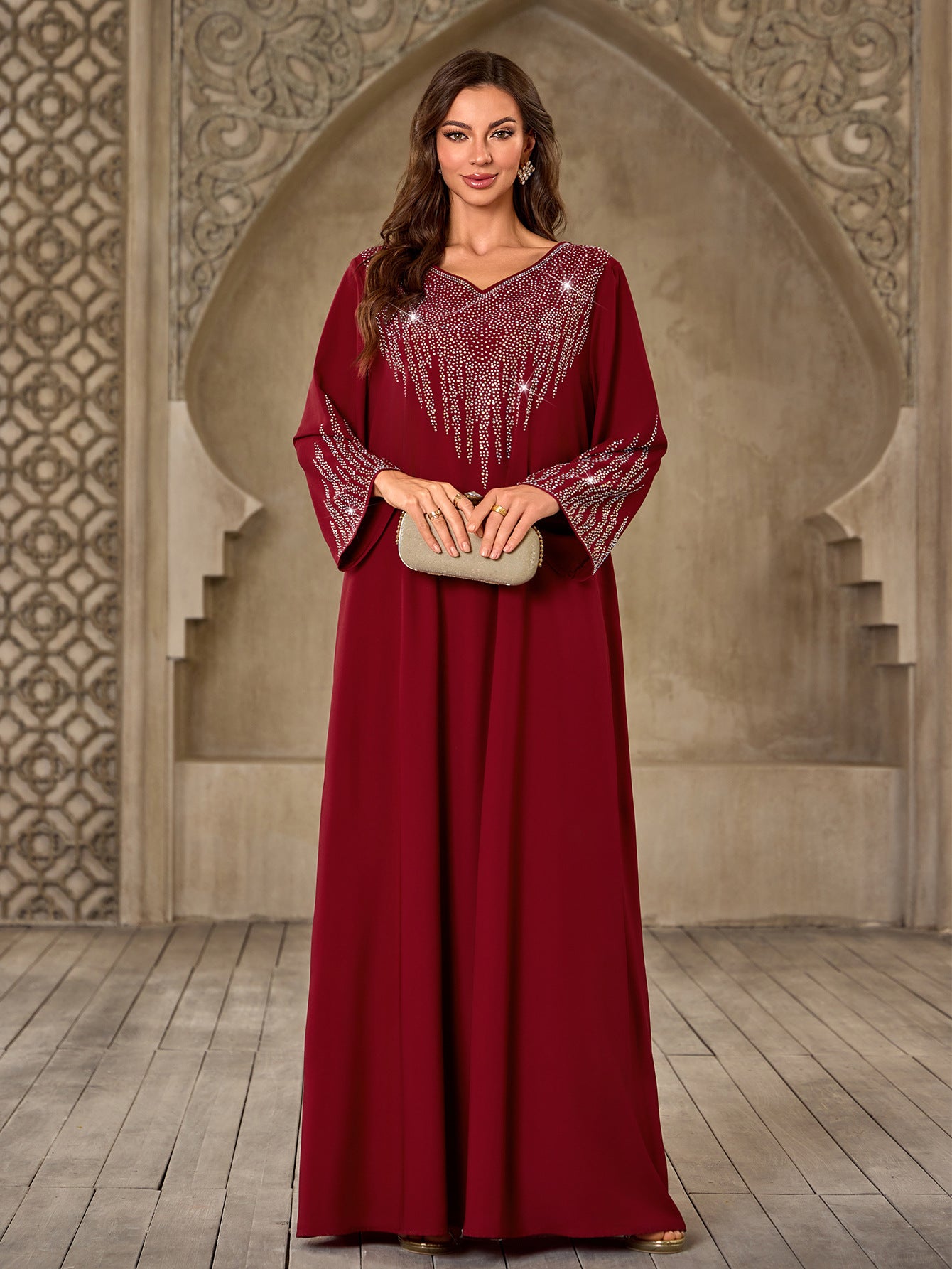 XQY500405 Cross-border Middle Eastern Women's Fashion Hot Diamond V-Neck Casual Loose Dubai New Dress