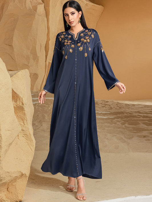 Caftan Abaya bleu marine , brodée à la main avec perle strass,