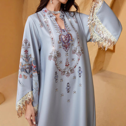 Robe musulmane pour femmes, col en V avec imprimé et pampilles, style Moyen-Orient, abaya arabe élégante