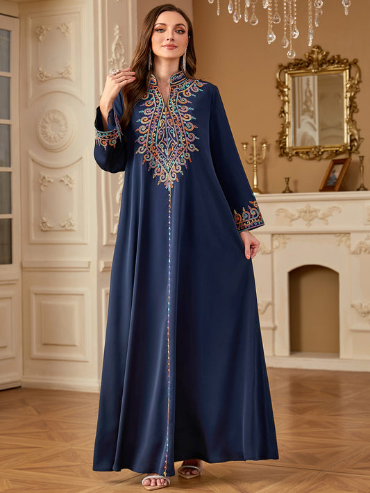 Robe longue arabe brodée col V – Jalabiya Abaya  élégante