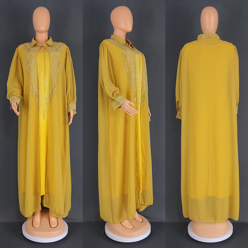 Ensemble deux pièces pour femmes – Robe plus size en chiffon à strass, style Moyen-Orient et Afrique, tendance mondiale