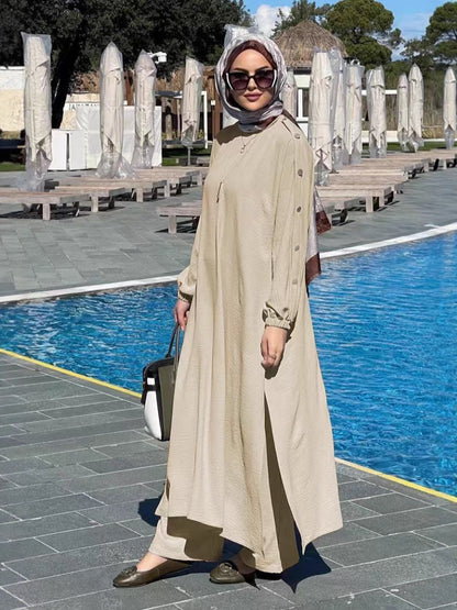 En stock, nouvelle tenue décontractée décontractée de couleur unie pour femmes musulmanes : boucle ronce dorée, poche ballonneuse, longue série