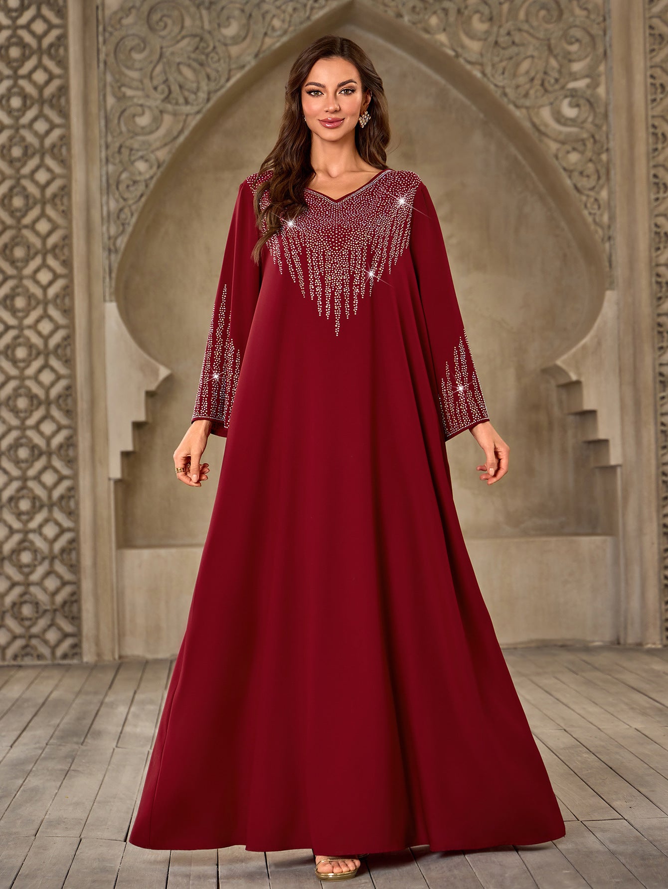 XQY500405 Cross-border Middle Eastern Women's Fashion Hot Diamond V-Neck Casual Loose Dubai New Dress