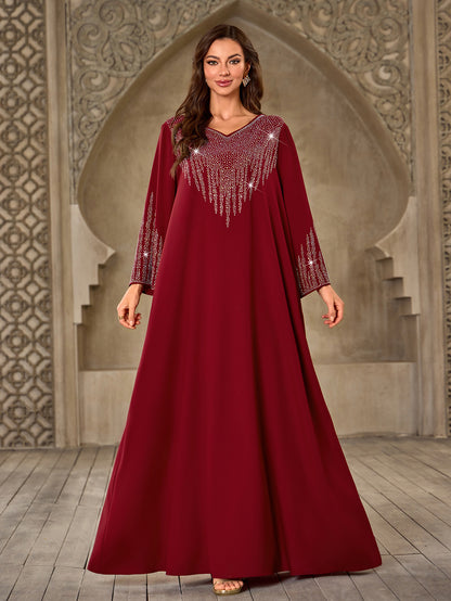 XQY500405 Cross-border Middle Eastern Women's Fashion Hot Diamond V-Neck Casual Loose Dubai New Dress