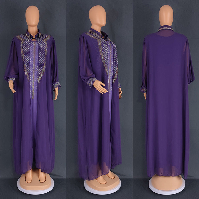 Ensemble deux pièces pour femmes – Robe plus size en chiffon à strass, style Moyen-Orient et Afrique, tendance mondiale