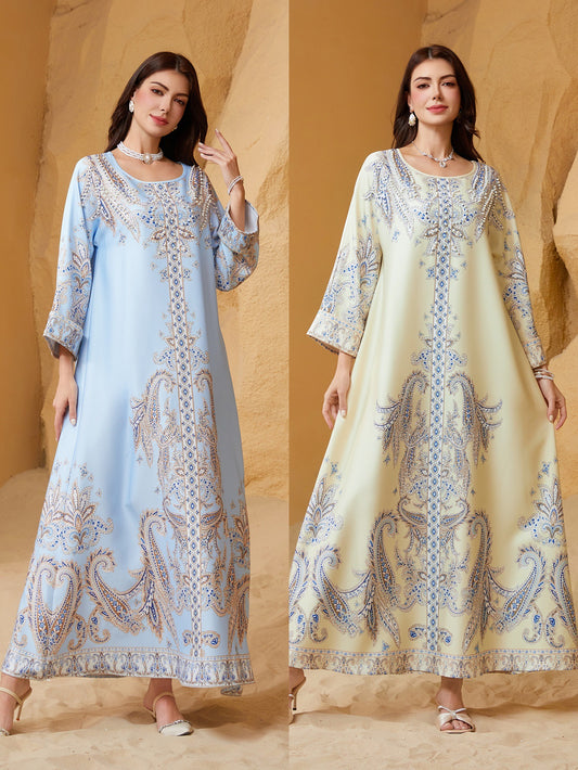 Robe musulmane Dubai pour femmes, col rond, imprimé perlé avec strass, abaya style Moyen-Orient, ensemble élégant