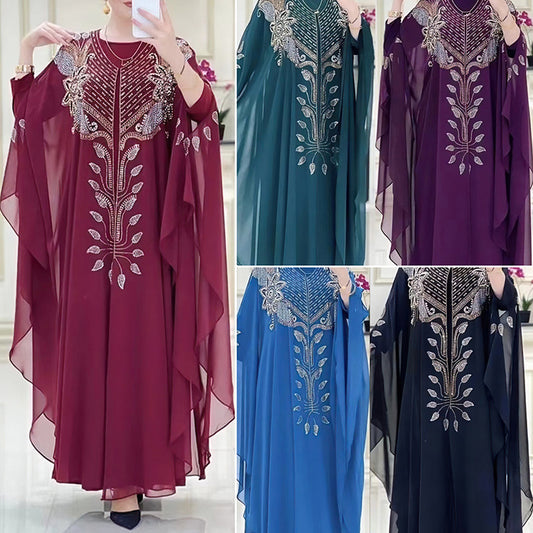 Élégante robe à manches courtes en chiffon avec strass – Inspiration Moyen-Orient, parfaite pour sorties et événements