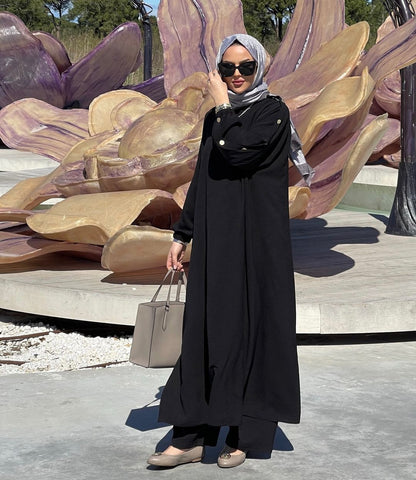 En stock, nouvelle tenue décontractée décontractée de couleur unie pour femmes musulmanes : boucle ronce dorée, poche ballonneuse, longue série