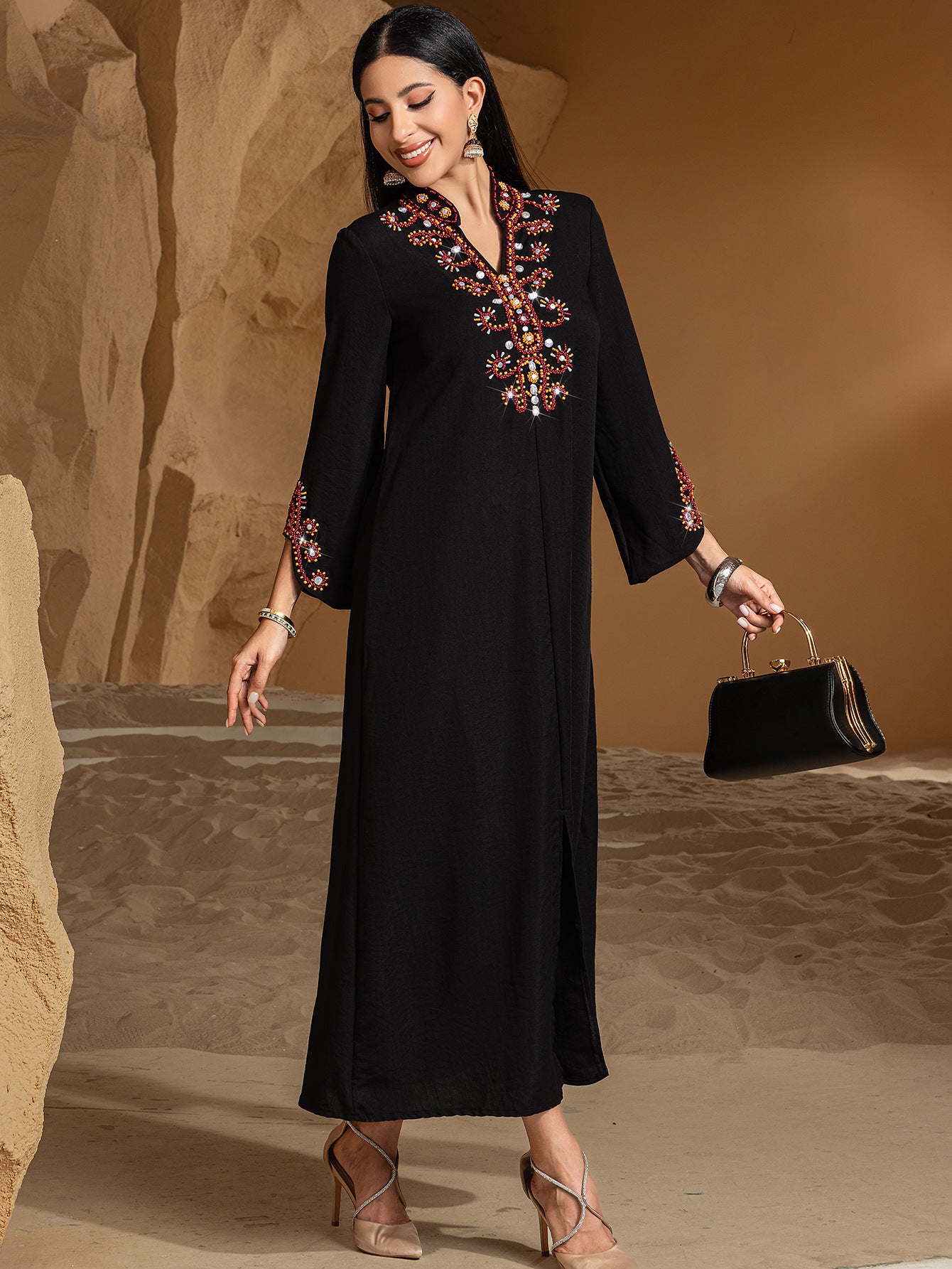 Nouvelle robe Abaya haut de gamme, brodée de perles de riz