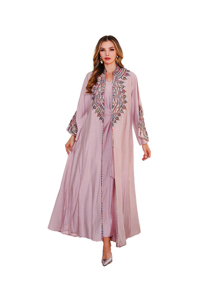 Nouvelle robe musulmane brodée en stock – Abaya maxi deux pièces style Moyen-Orient, robe arabe Dubai